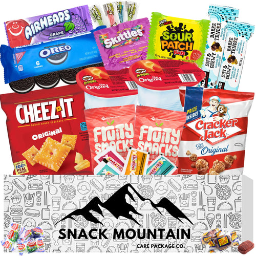 A Snack Mountain snack box overflowing with brand-favorite snacks, perfect for a snack care package gift.
